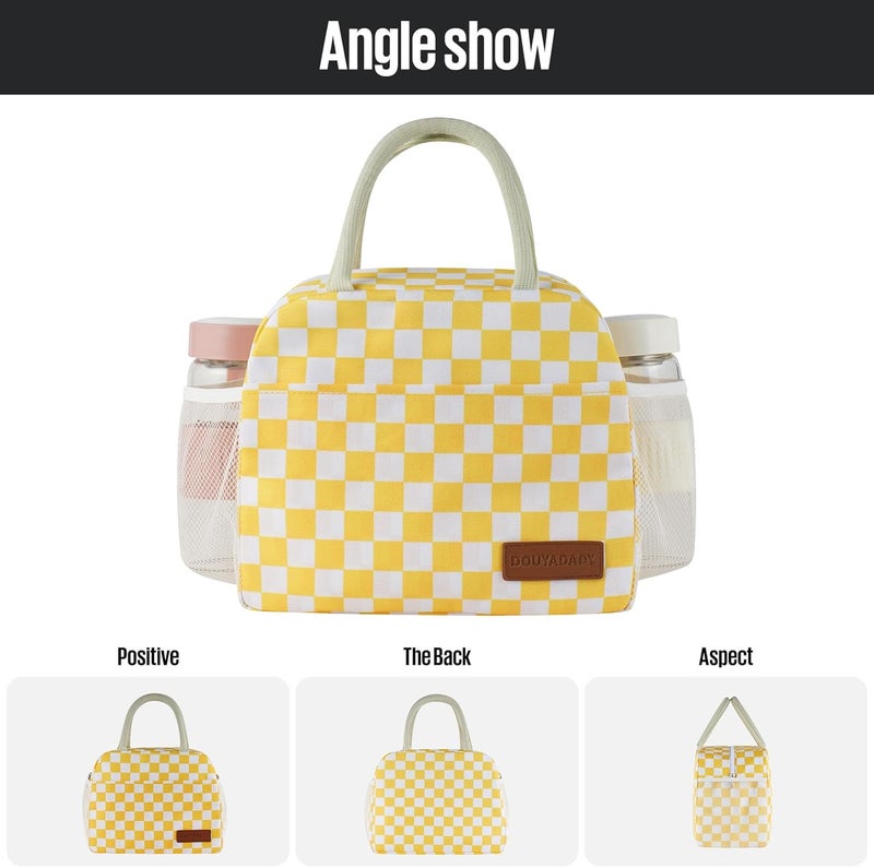 douyadady Lunch Bag Women/Men Lunch Box Women/Men (Yellow+White Checkerboard) - Image 5